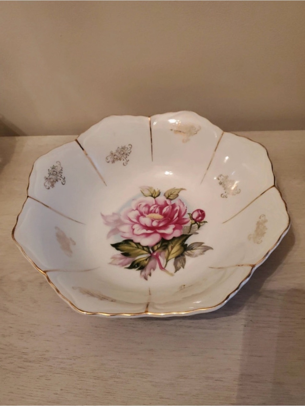 Vintage Floral Porcelain Serving Bowl - Pink Rose